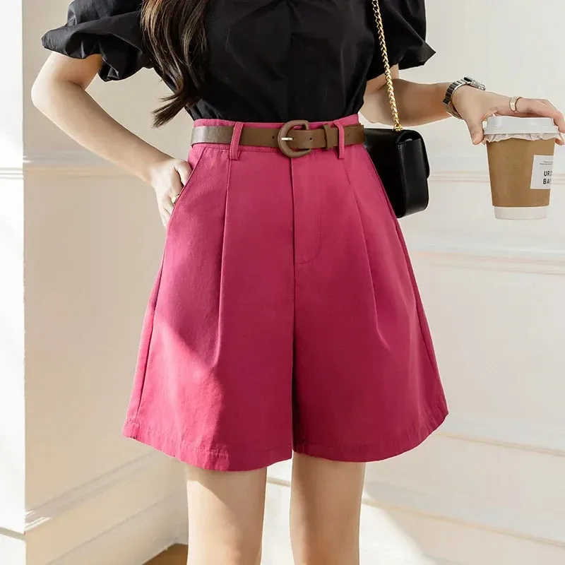 2024 New Women's Half Pants Summer Vintage High Waist Solid Pockets Straight Wide Legs Suit Shorts