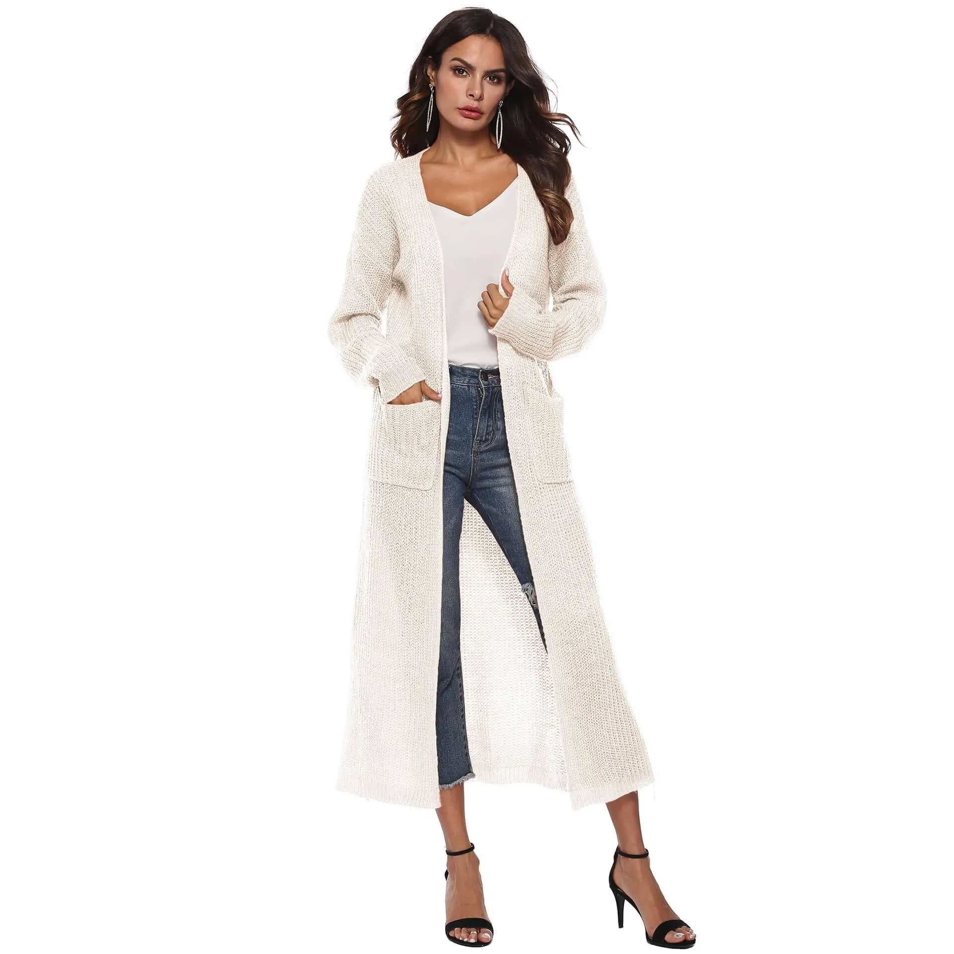 Autumn and Winter Women's Long Sleeve Open Front Solid Color Cardigan Dress