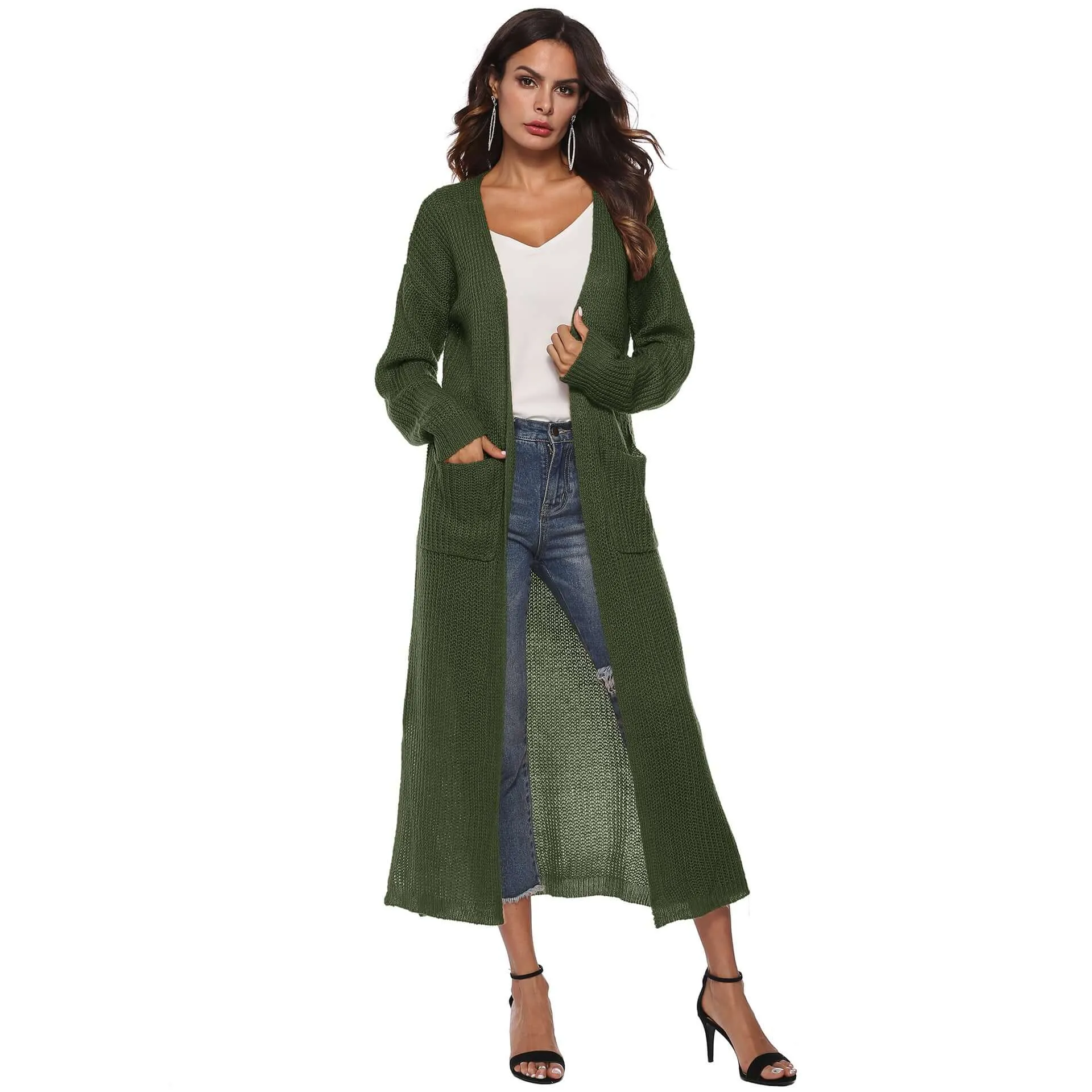 Autumn and Winter Women's Long Sleeve Open Front Solid Color Cardigan Dress