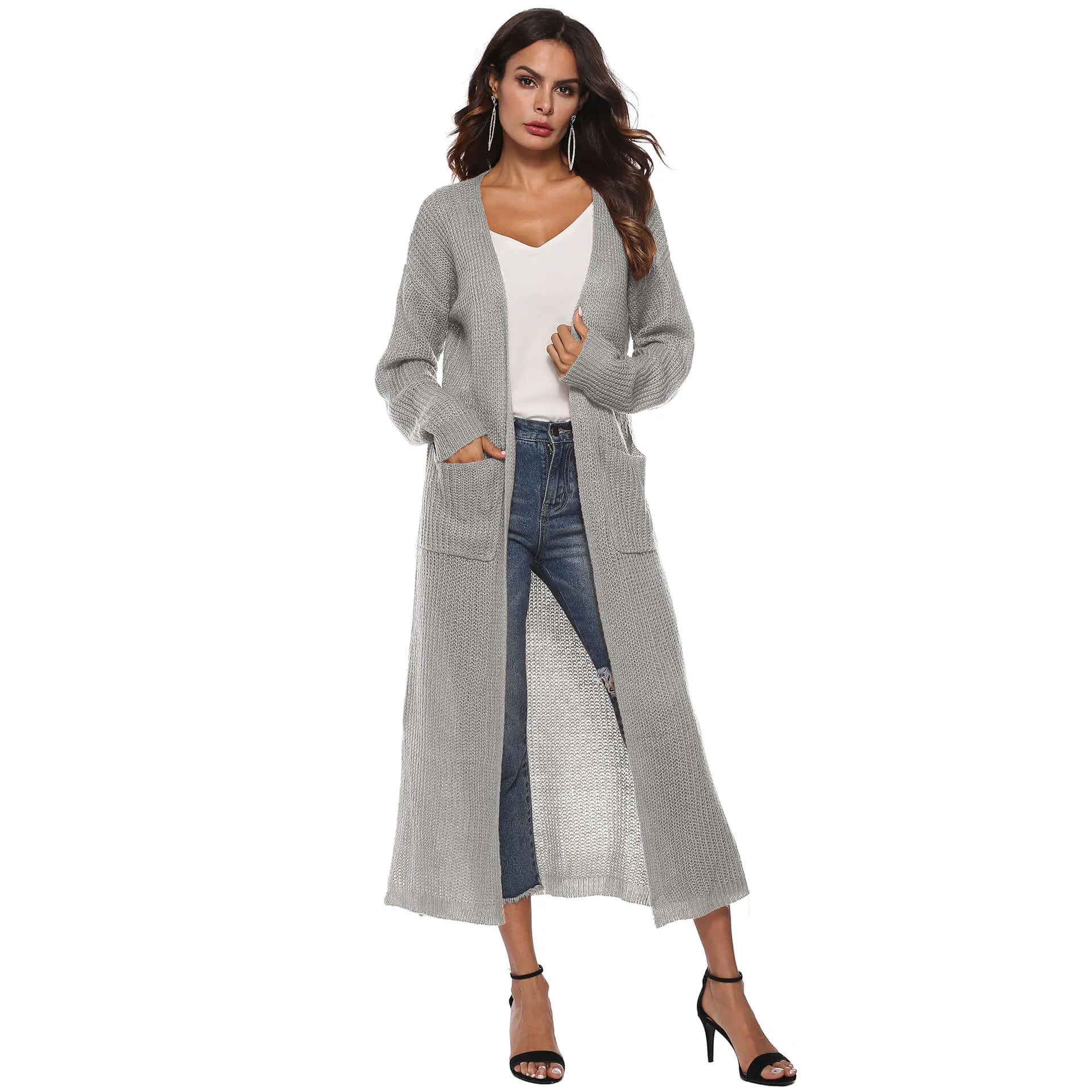 Autumn and Winter Women's Long Sleeve Open Front Solid Color Cardigan Dress