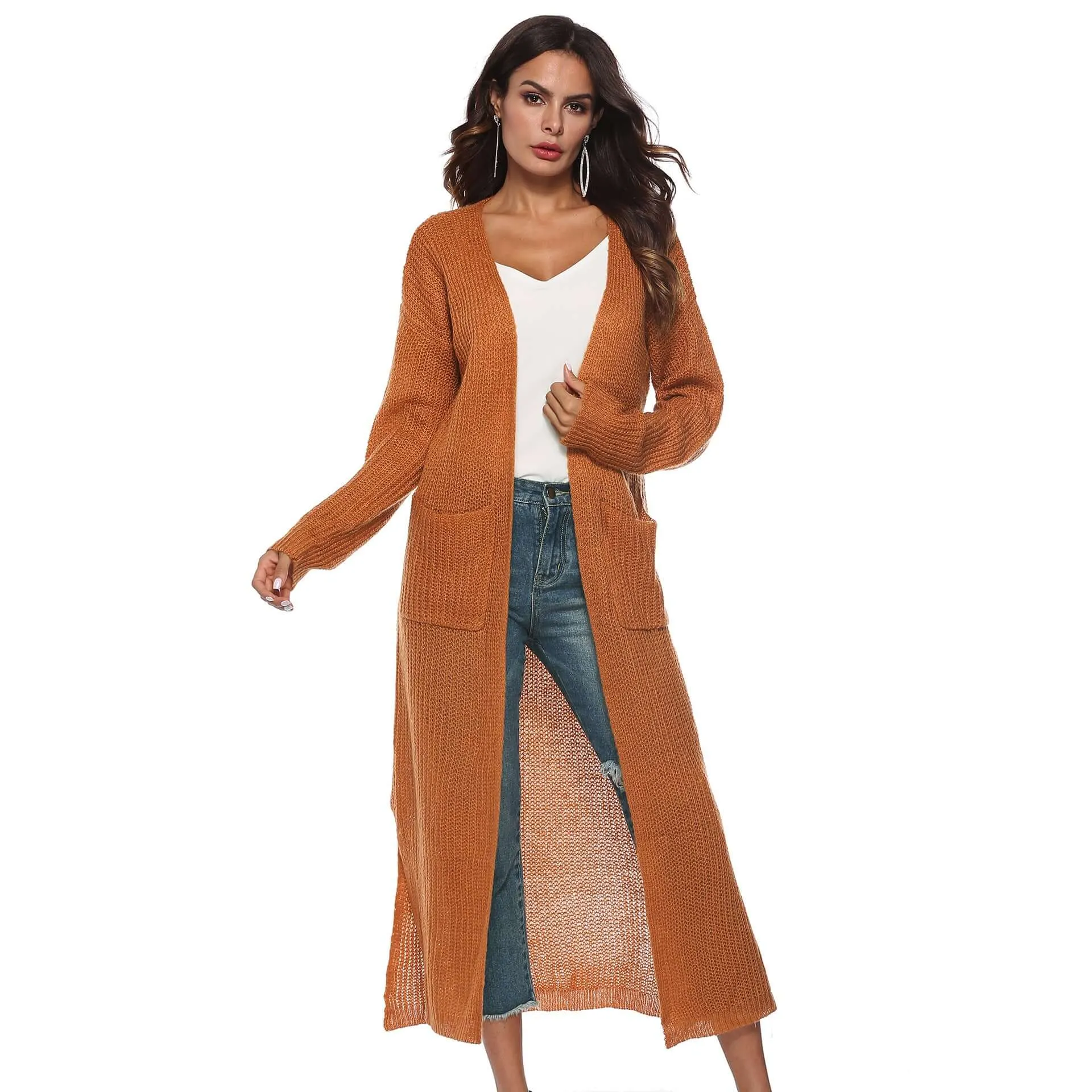 Autumn and Winter Women's Long Sleeve Open Front Solid Color Cardigan Dress