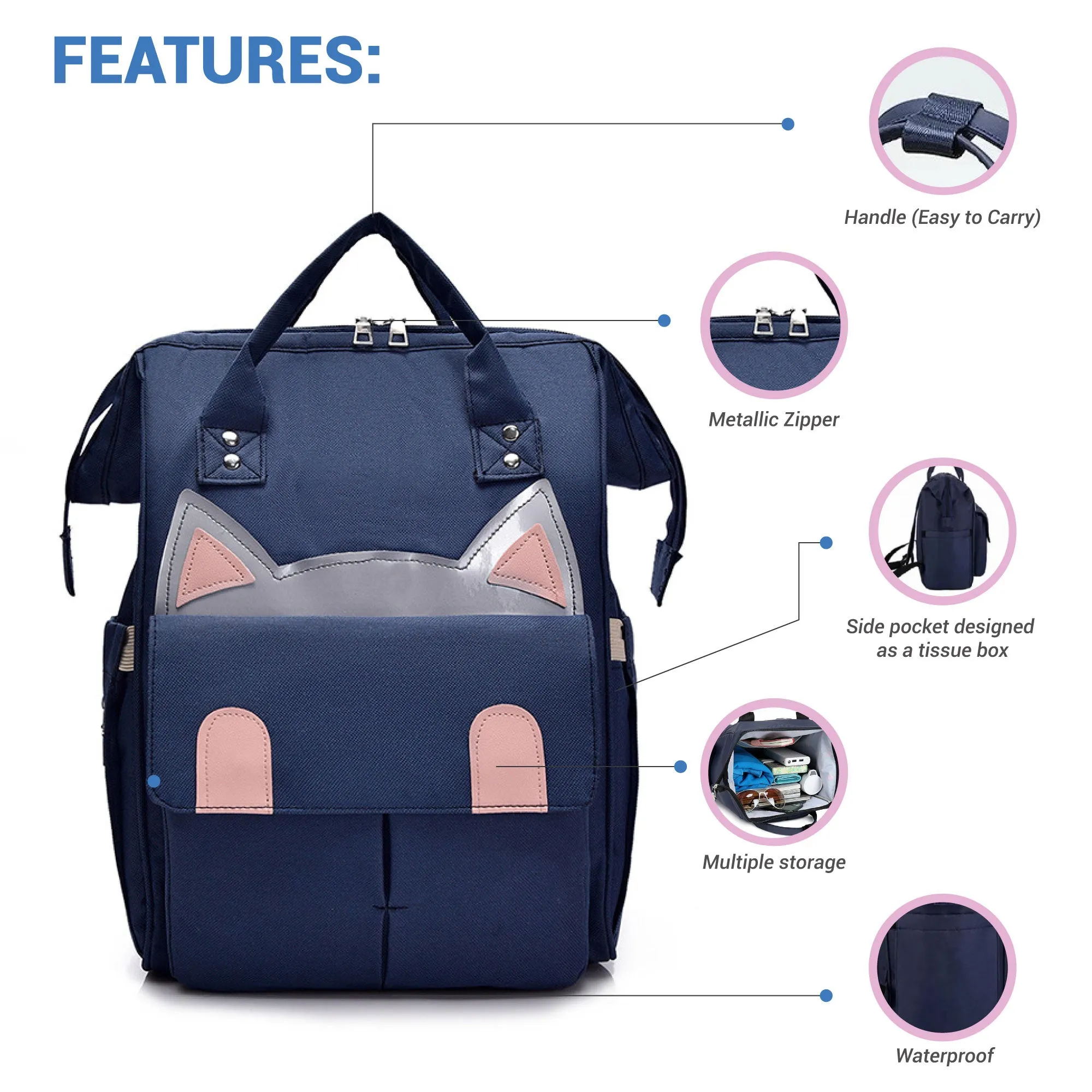 Babymoon Mother Diaper Bag Lightweight Multifunctional Travel Unisex Diaper Backpack | Blue Kitty