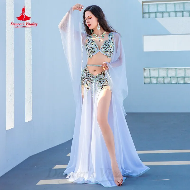 Belly Dance Costume Suit Women Senior Stones Bra Satin Long Skirt 2pcs Customsized Oriental Performance Suit Bellydance Outfit