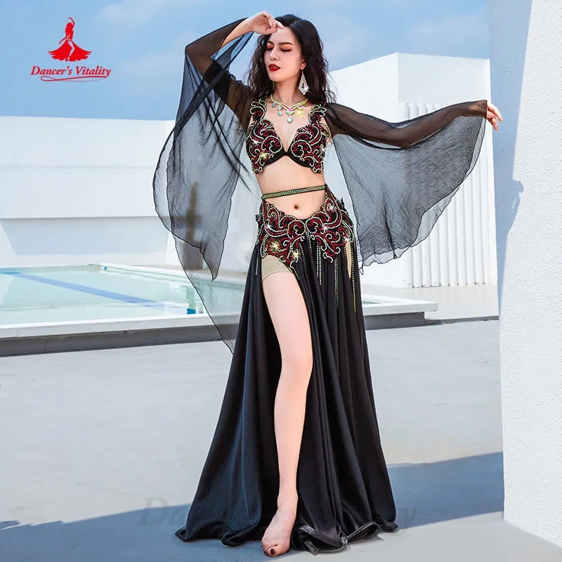 Belly Dance Costume Suit Women Senior Stones Bra Satin Long Skirt 2pcs Customsized Oriental Performance Suit Bellydance Outfit