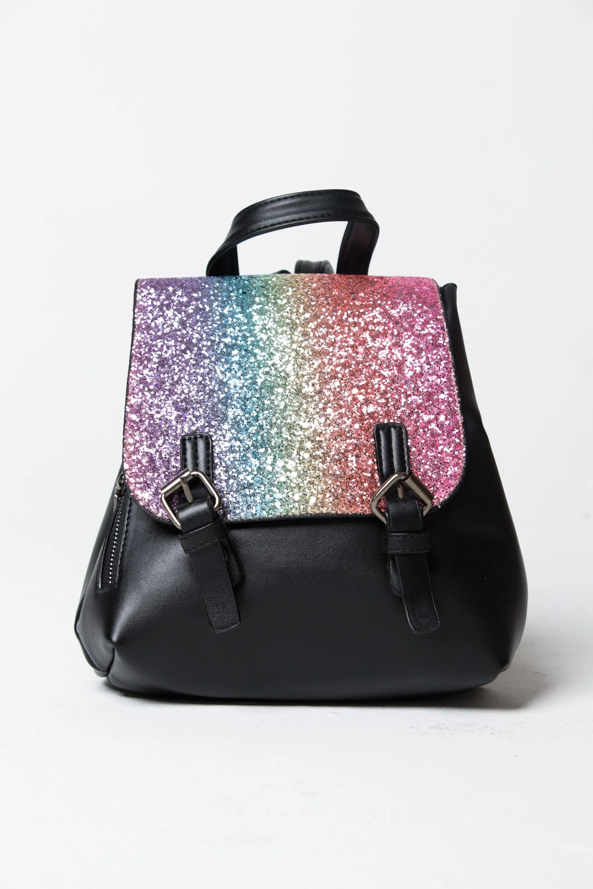 Black Faux Leather Rainbow  Shimmer Flap Backpack