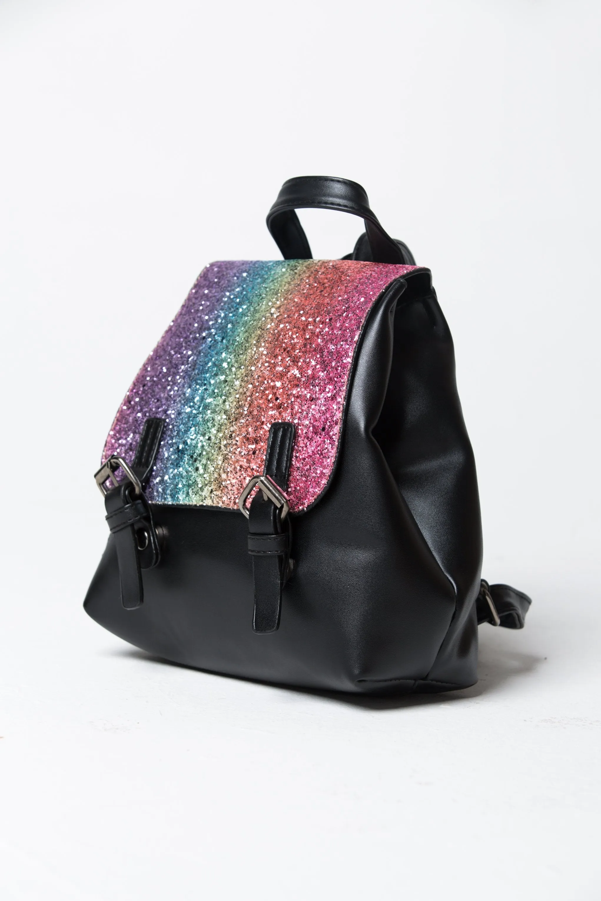 Black Faux Leather Rainbow  Shimmer Flap Backpack