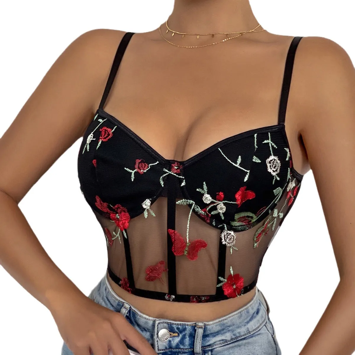 black Floral Print Sheer Bralette and bustier