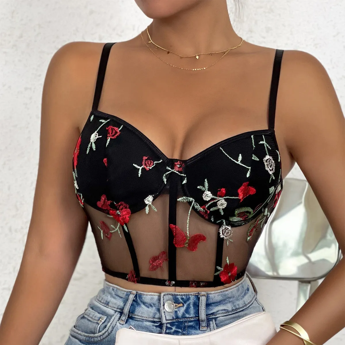 black Floral Print Sheer Bralette and bustier