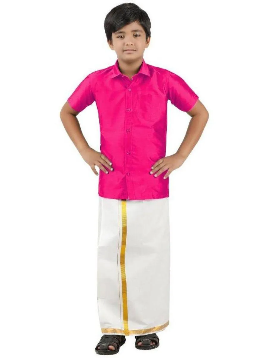 Boys Silk Cotton Shirt with Dhoti Set Magenta