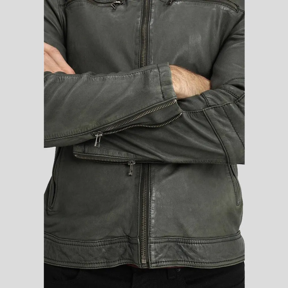 Buck Grey Biker Genuine Leather Jacket