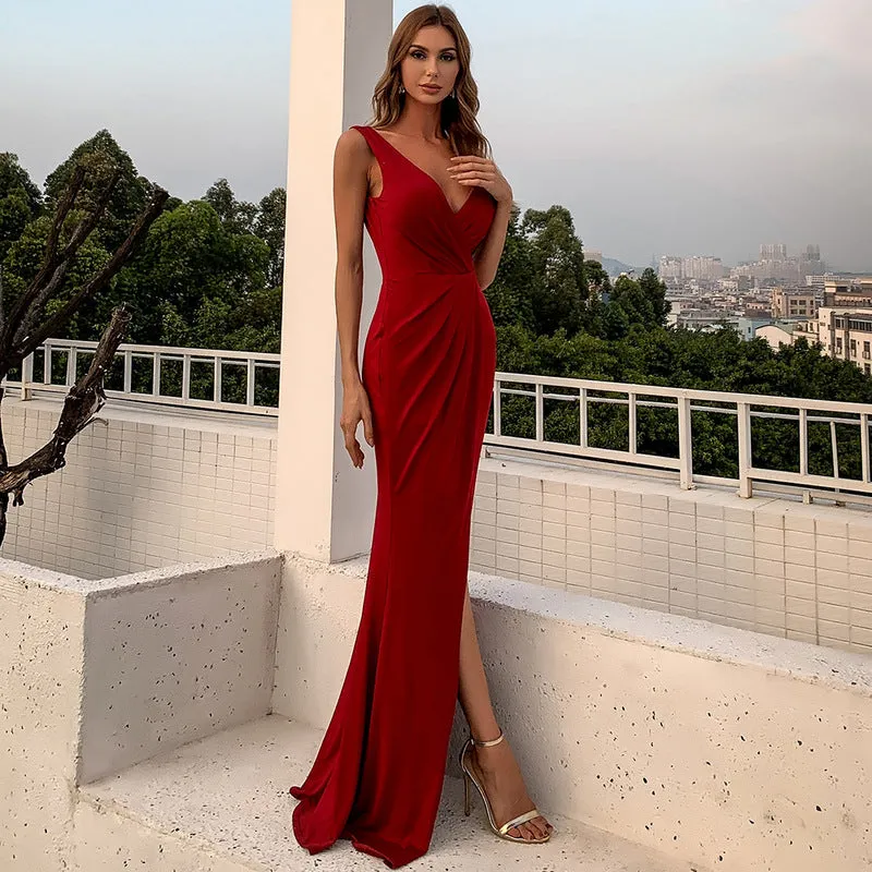 Burgundy Simple Prom Dress with Slit