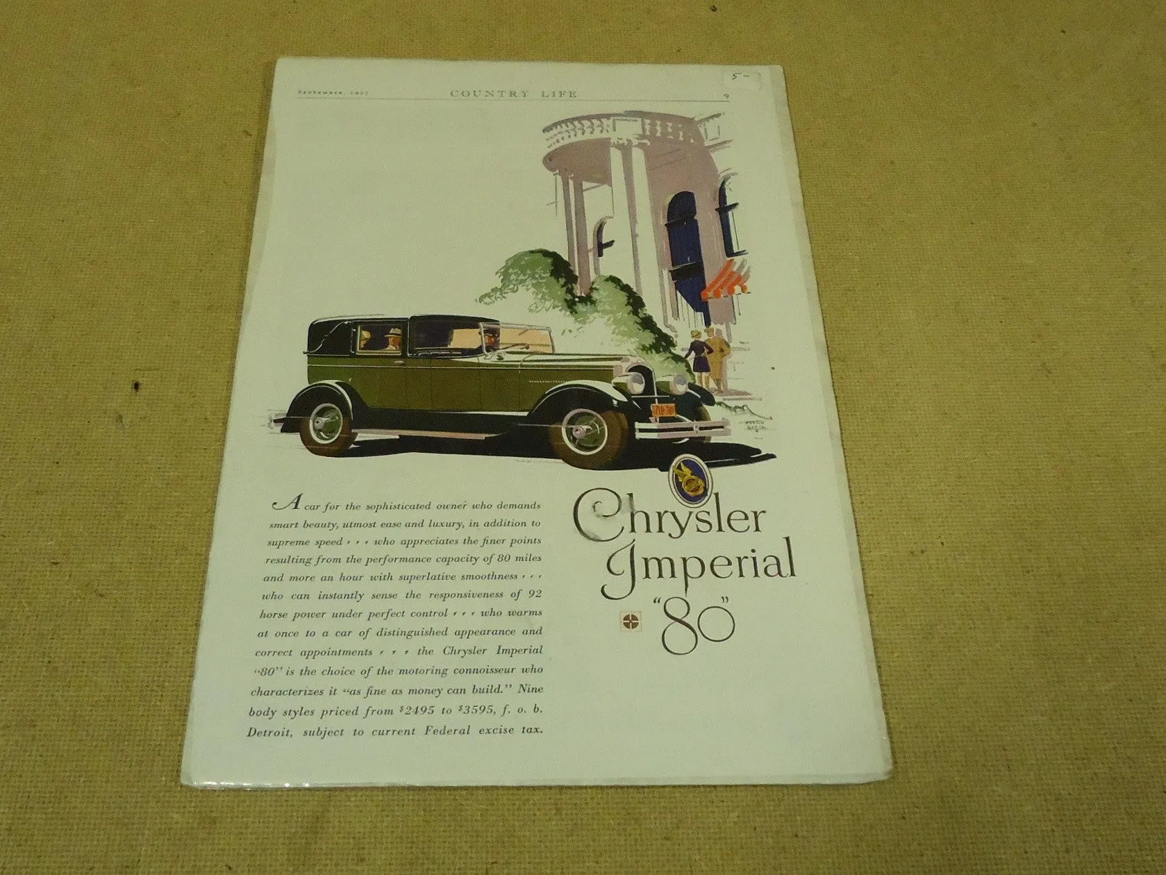 Chrysler Vintage Laminated Imperial 80 Ad White/Green/Pink Country Life -- Used