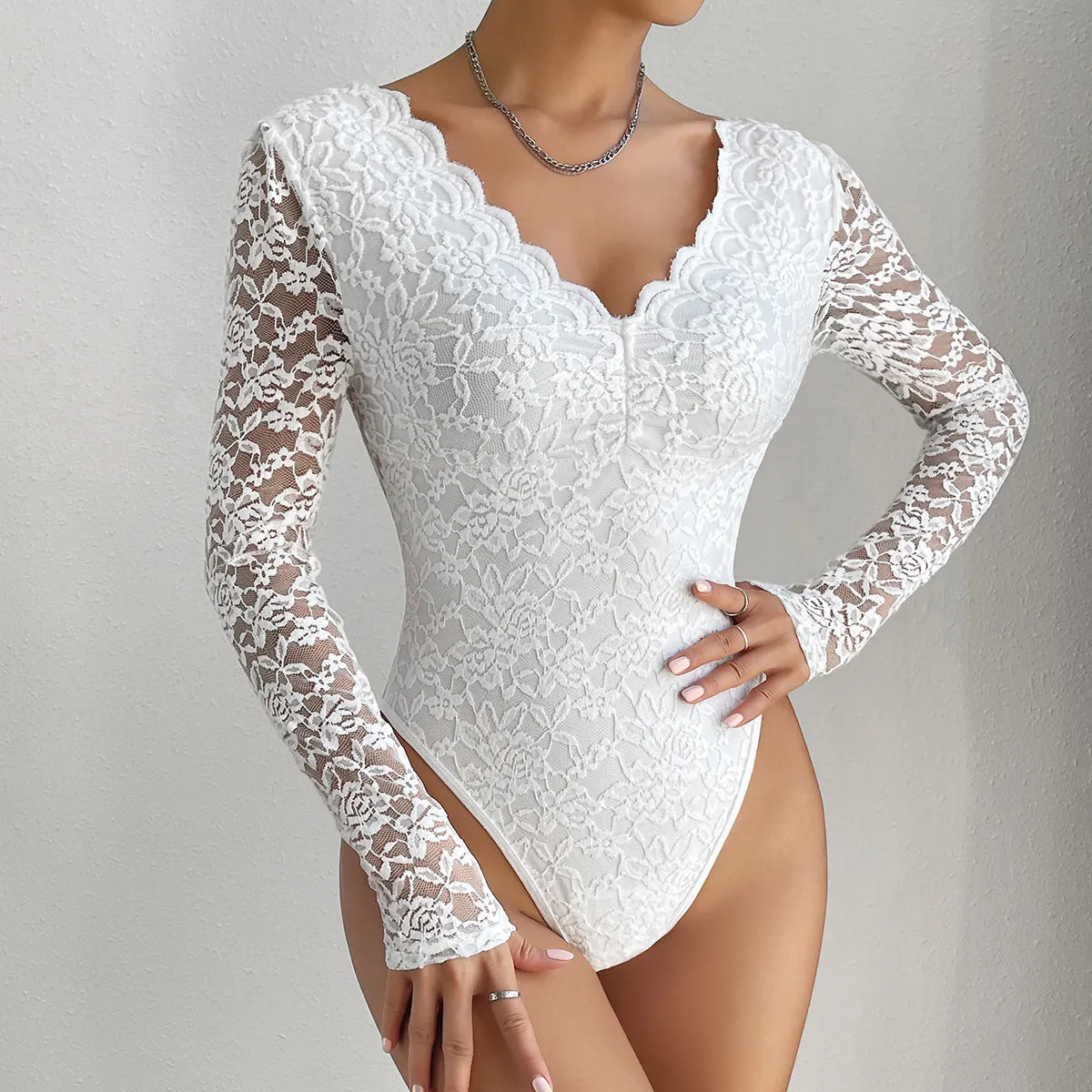 Hot selling sexy solid color lace long sleeved spicy girl perspective slim fit jumpsuit