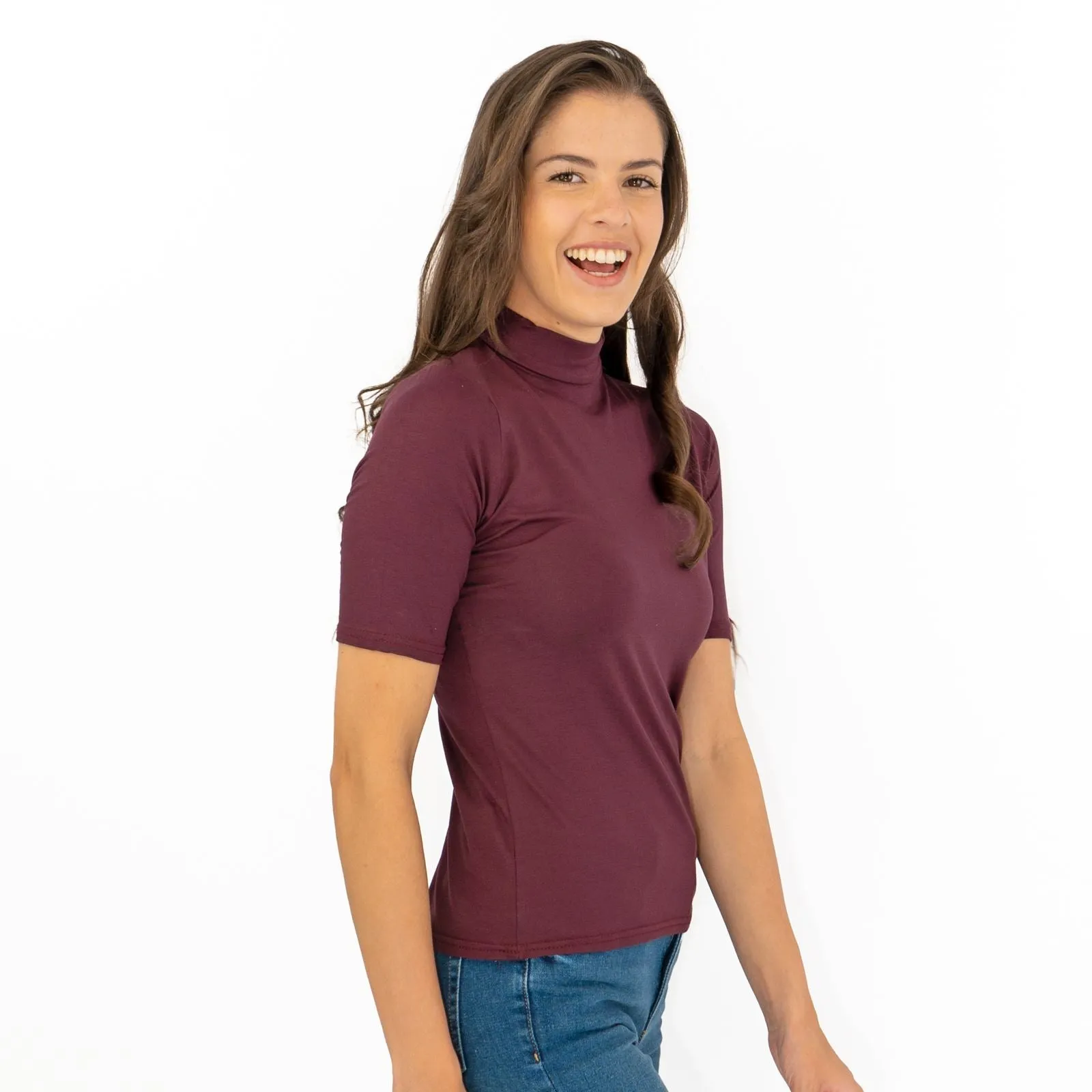 Karen Millen Burgundy Short Sleeve Jersey Funnel Neck Top