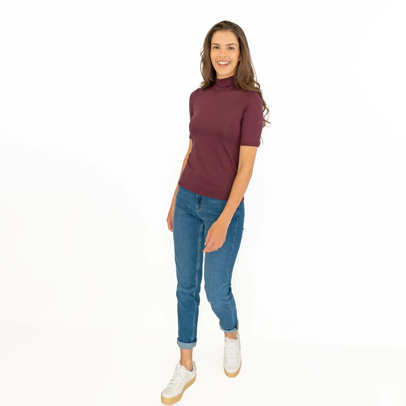 Karen Millen Burgundy Short Sleeve Jersey Funnel Neck Top