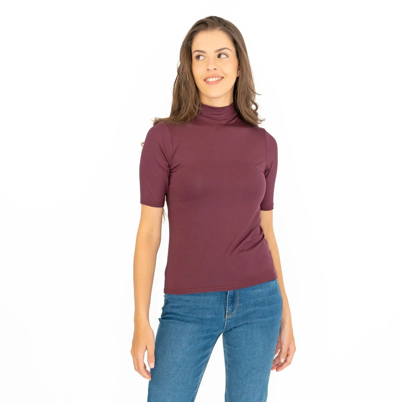 Karen Millen Burgundy Short Sleeve Jersey Funnel Neck Top