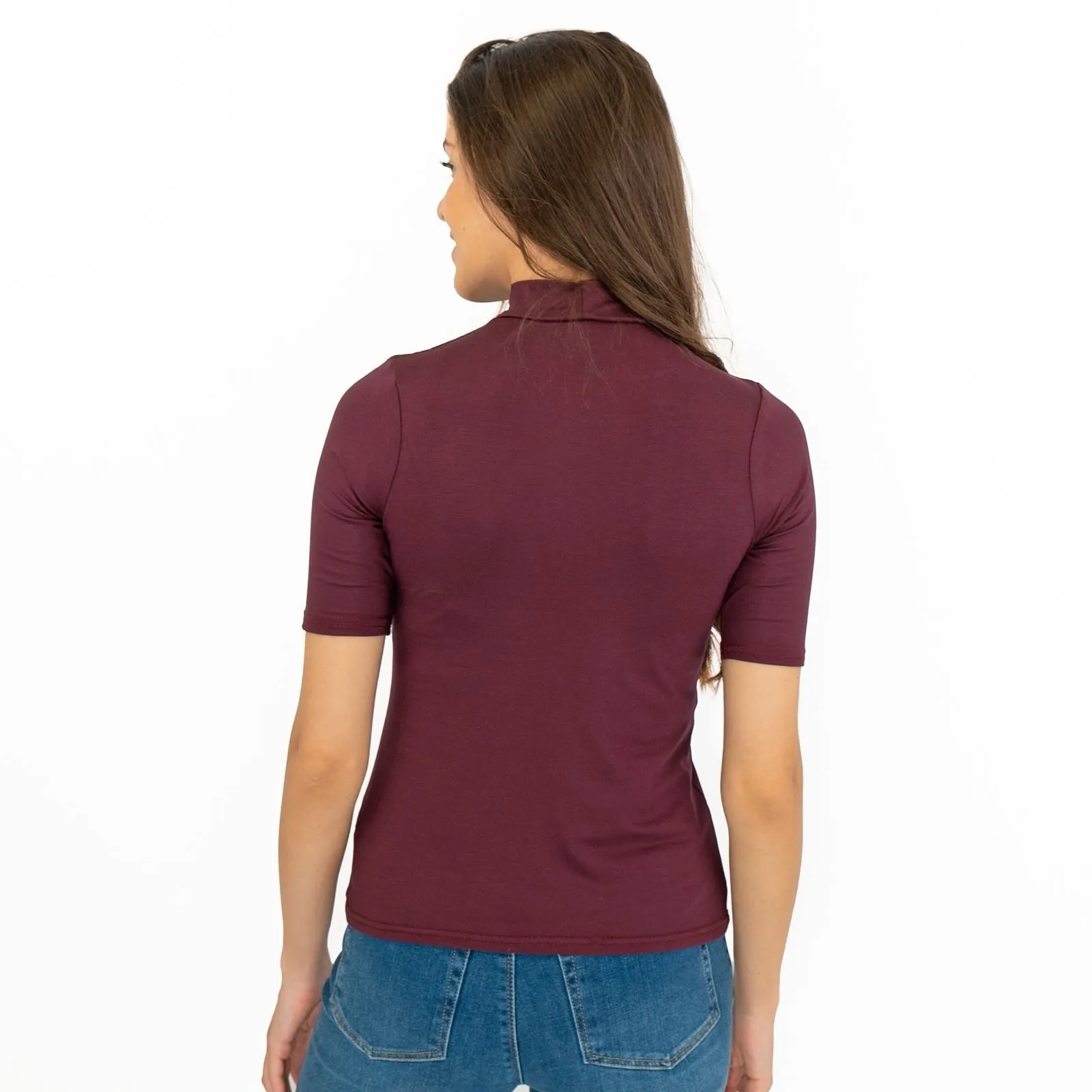 Karen Millen Burgundy Short Sleeve Jersey Funnel Neck Top