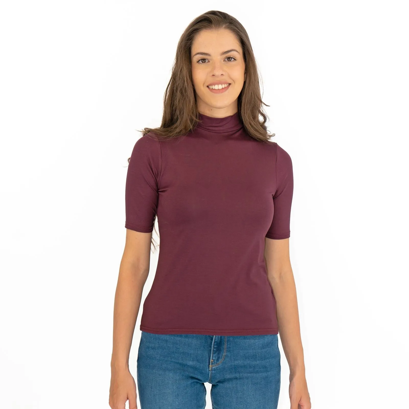 Karen Millen Burgundy Short Sleeve Jersey Funnel Neck Top