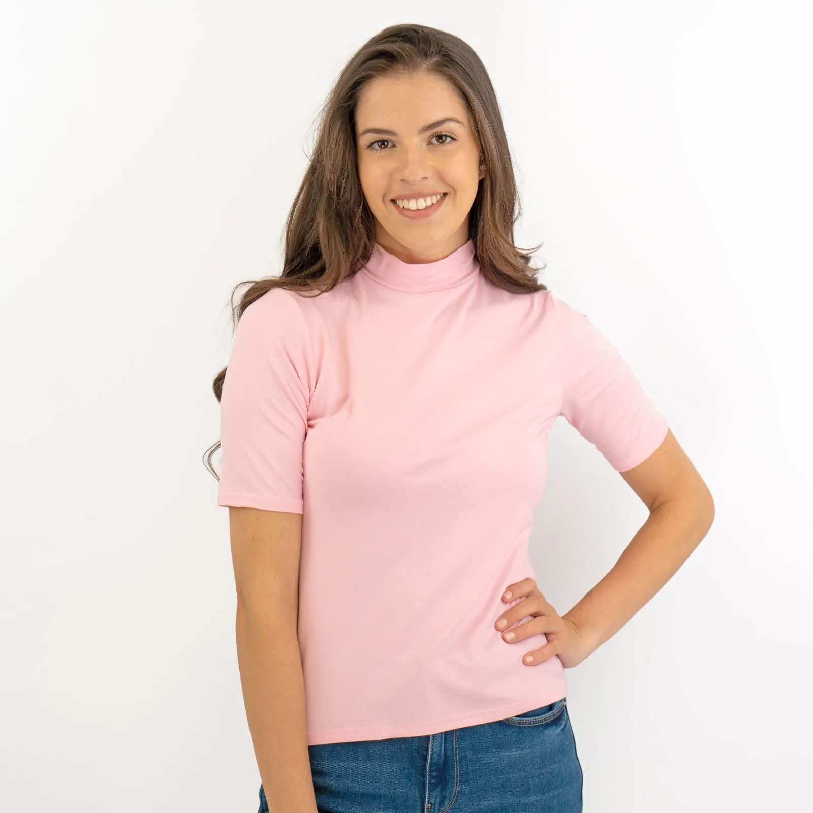 Karen Millen Pink Short Sleeve Jersey Funnel Neck Top