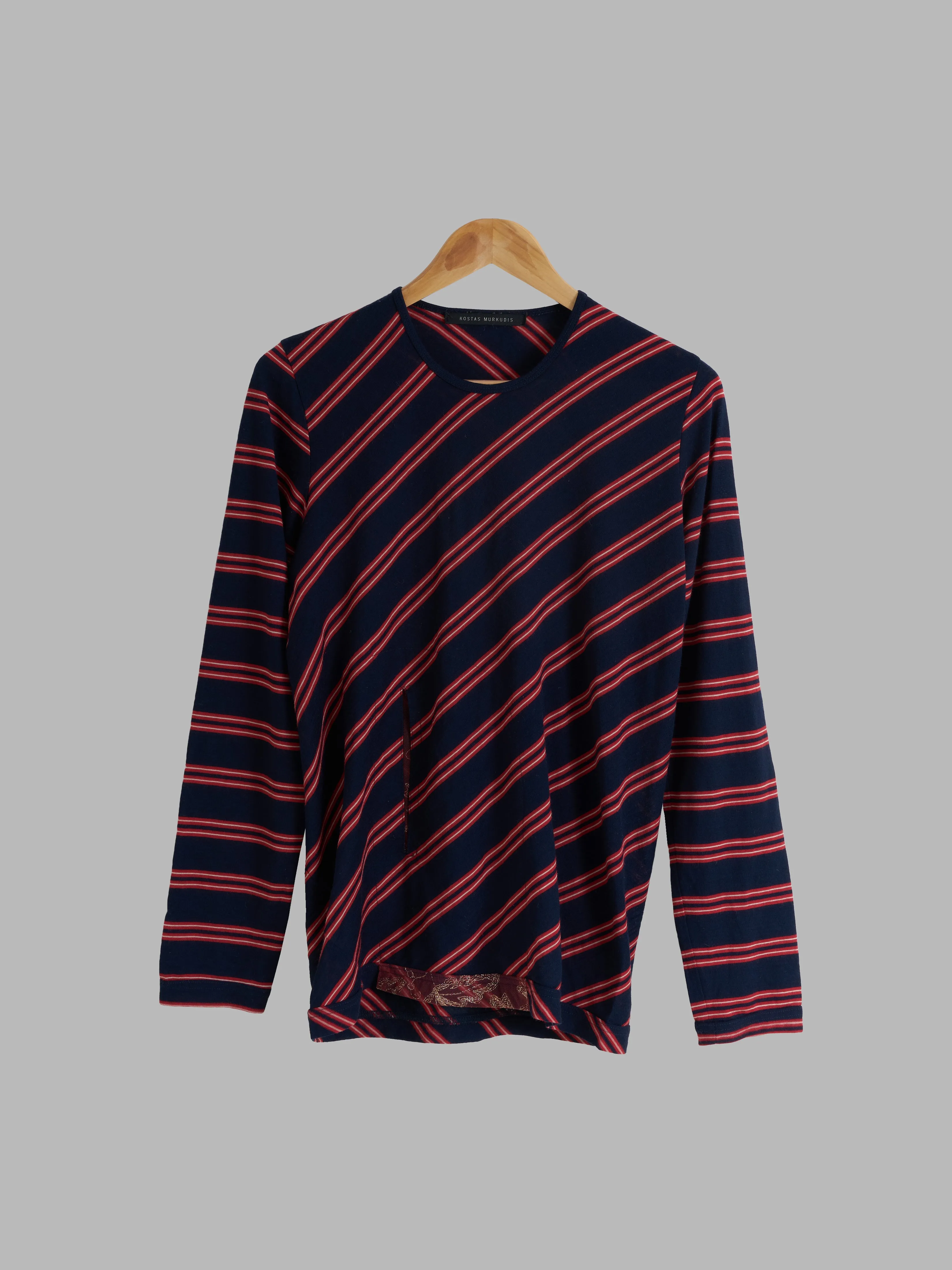 Kostas Murkudis navy red striped wool organza abdomen pocket long sleeve top - S