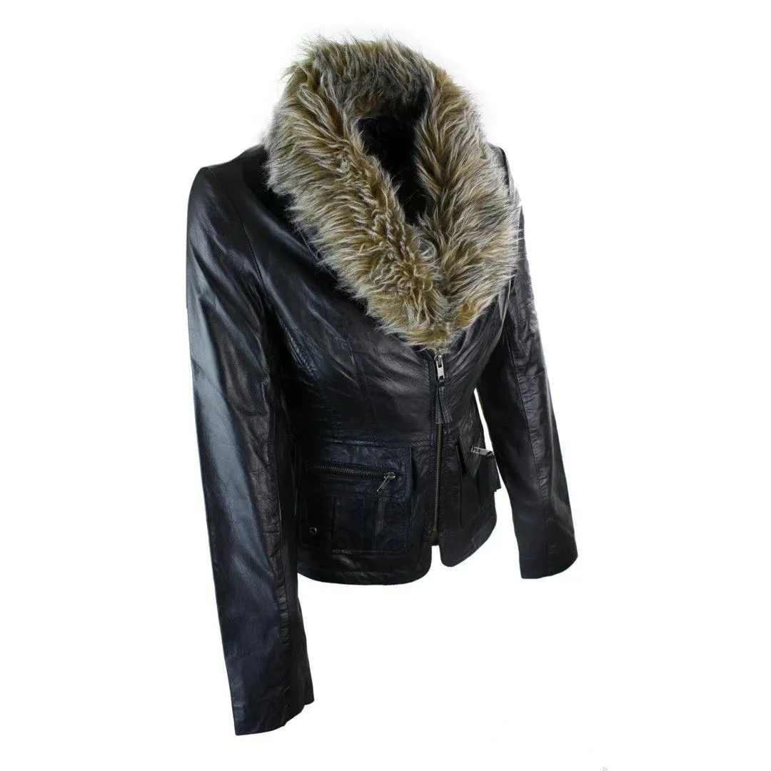 Ladies Real New Vintage Short Black Leather Jacket Coat Faux Fur Collar