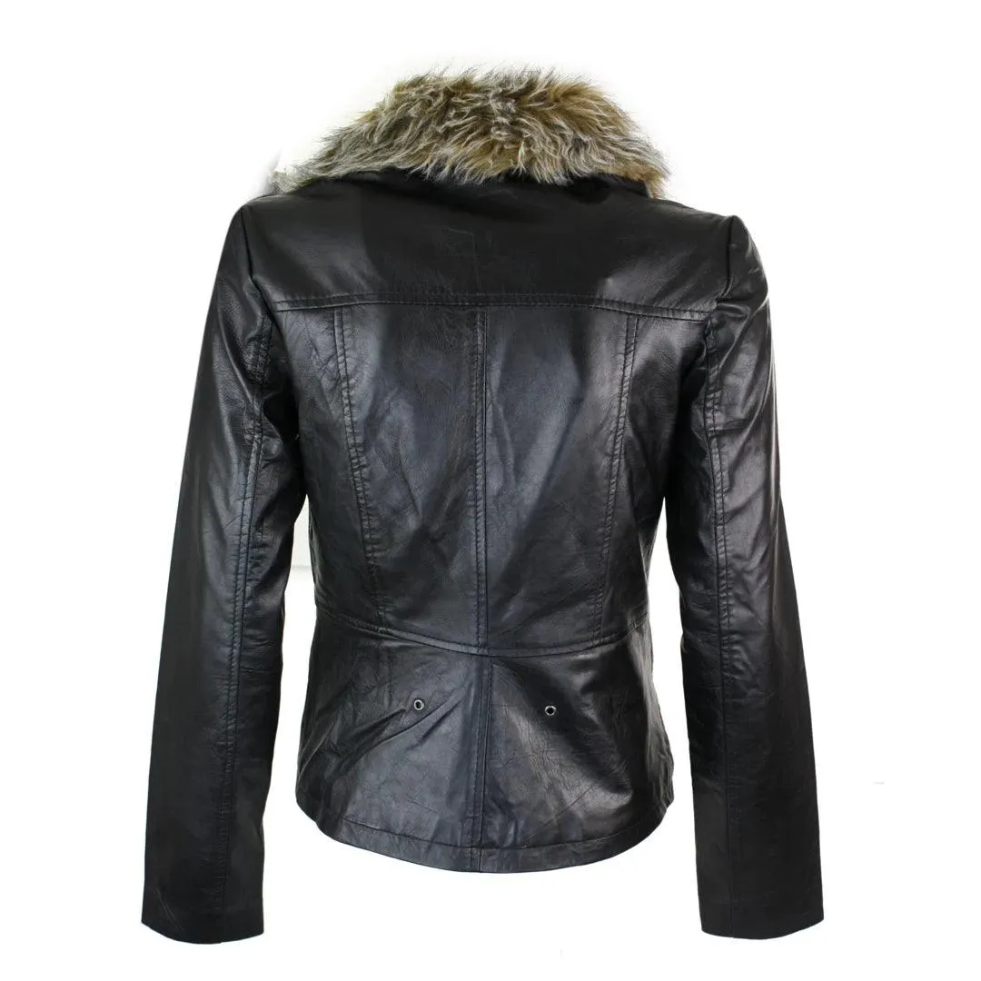 Ladies Real New Vintage Short Black Leather Jacket Coat Faux Fur Collar