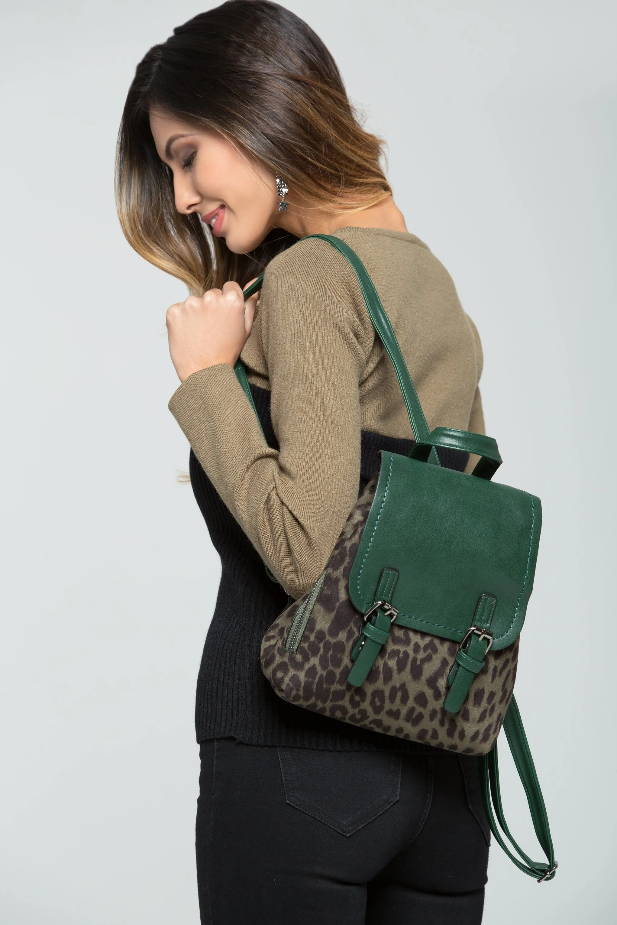 Leopard and Green Flap Backpack