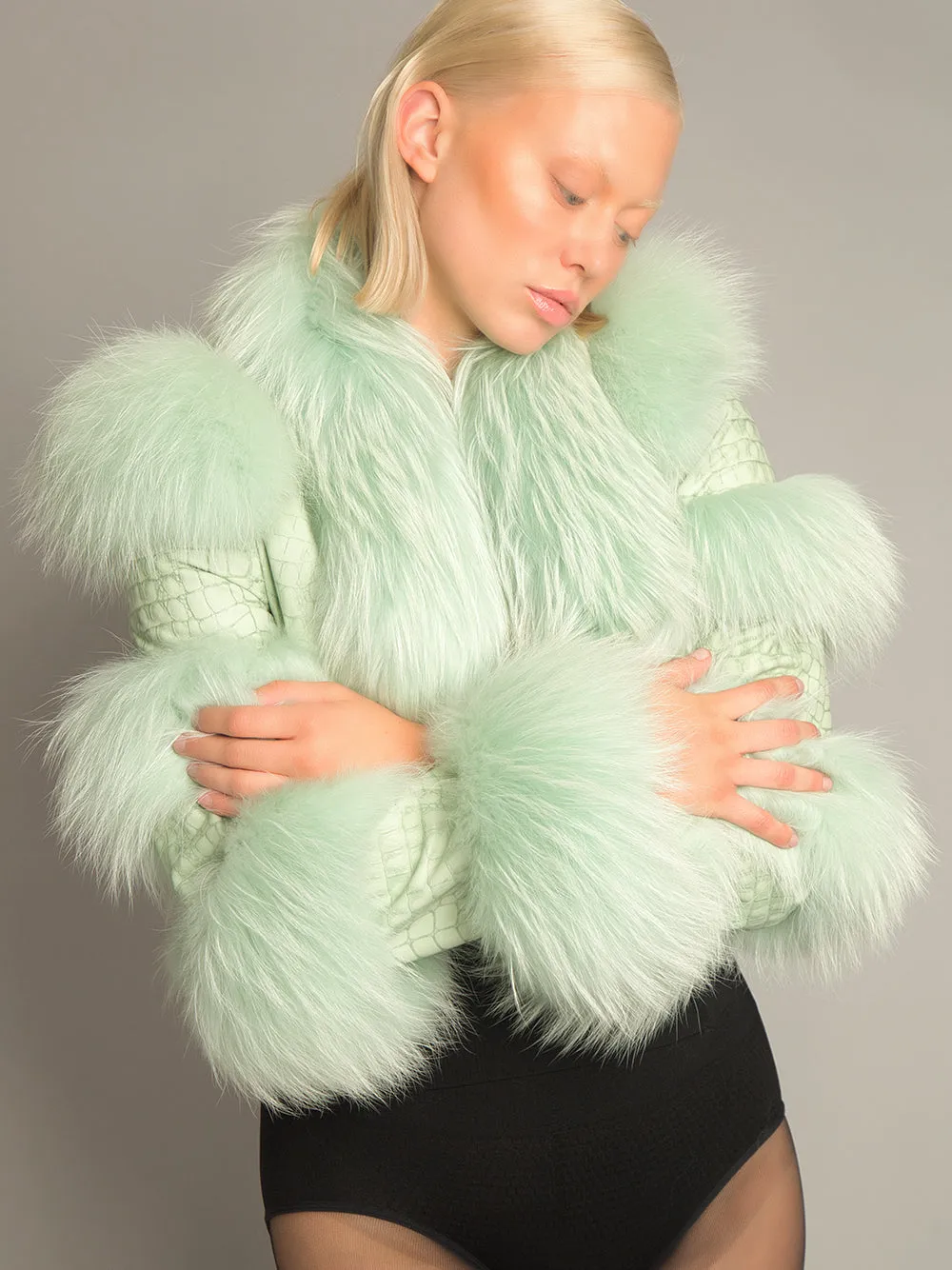 LITALY Fur Trim Leather Jacket in Light Green