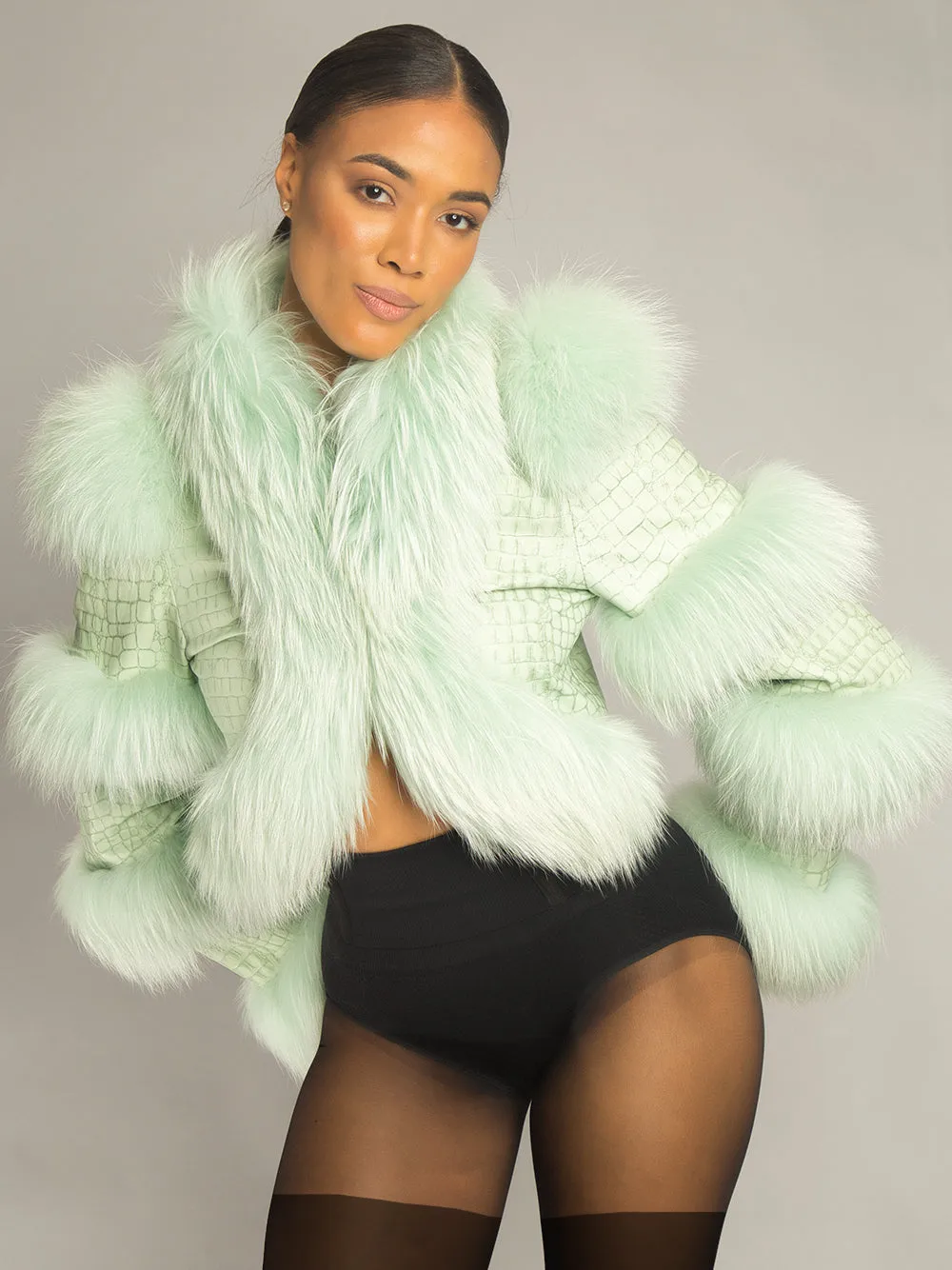 LITALY Fur Trim Leather Jacket in Light Green