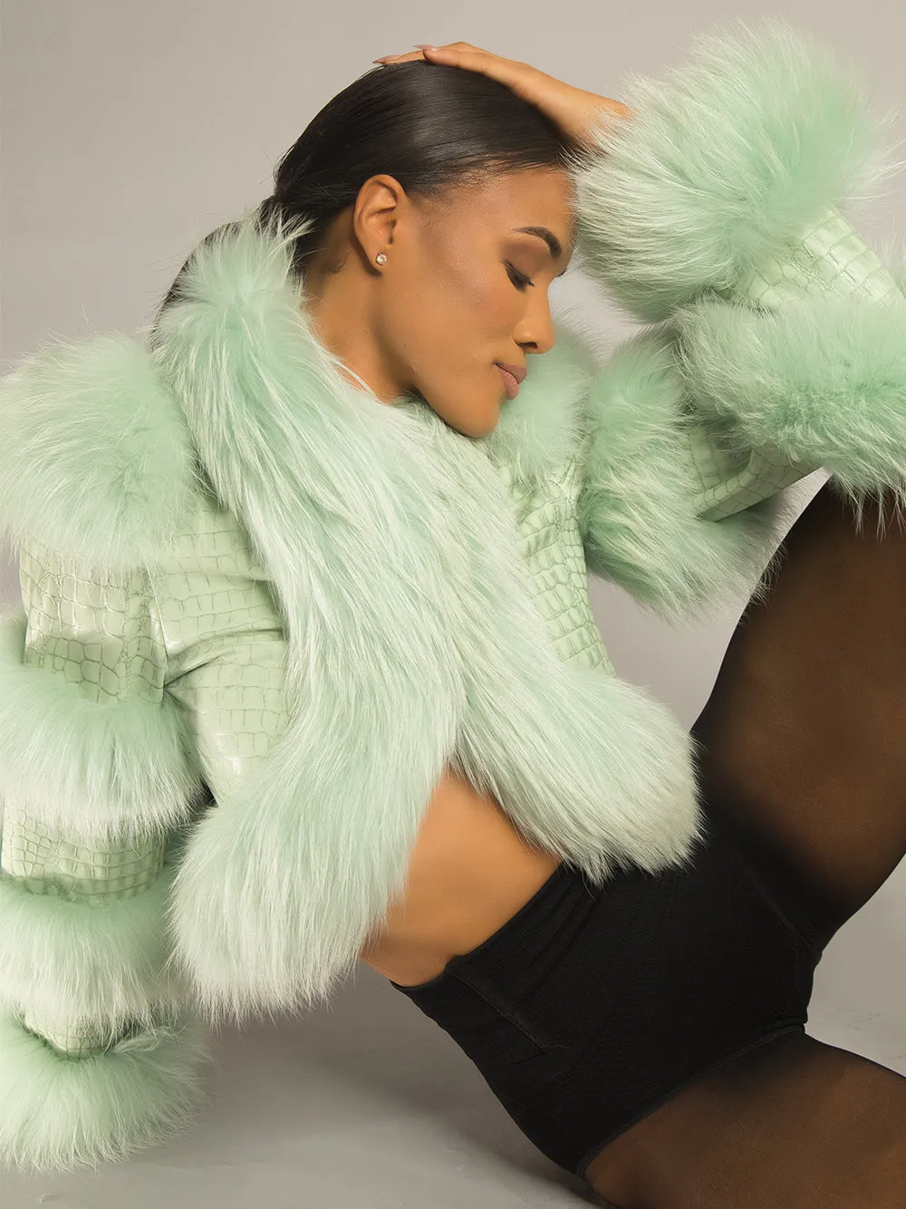 LITALY Fur Trim Leather Jacket in Light Green