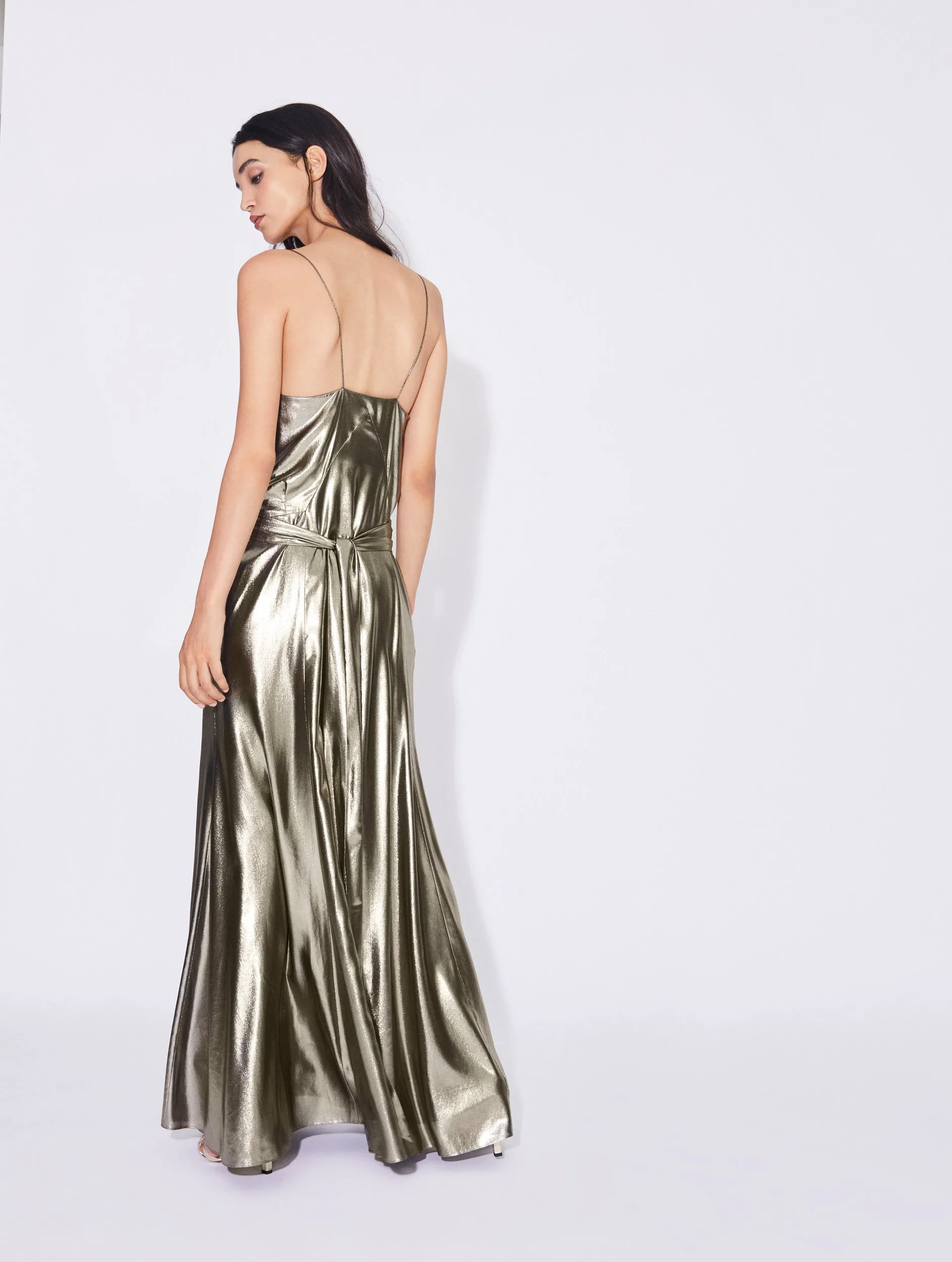 Long gold lamé narrow strap dress