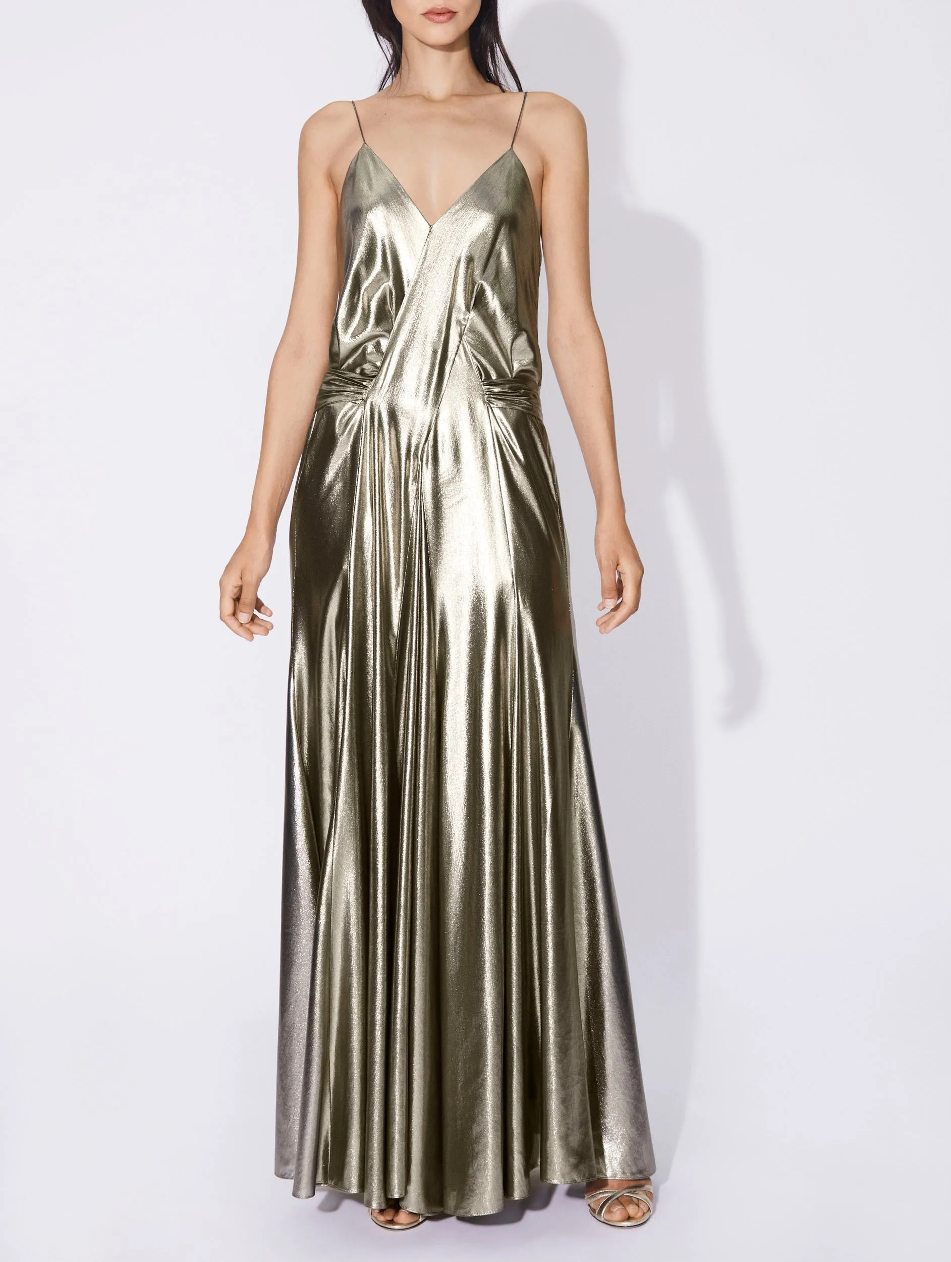 Long gold lamé narrow strap dress