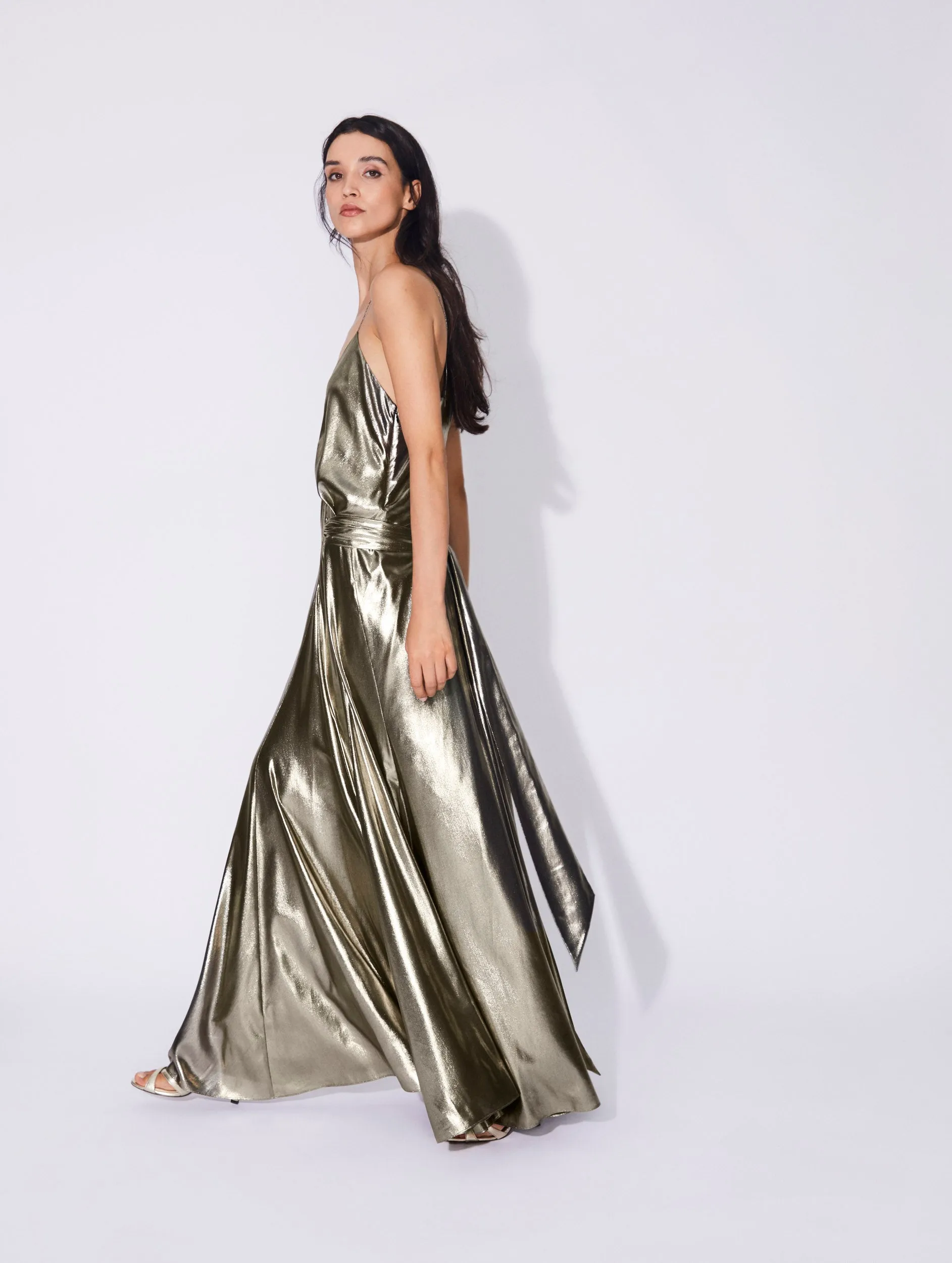 Long gold lamé narrow strap dress