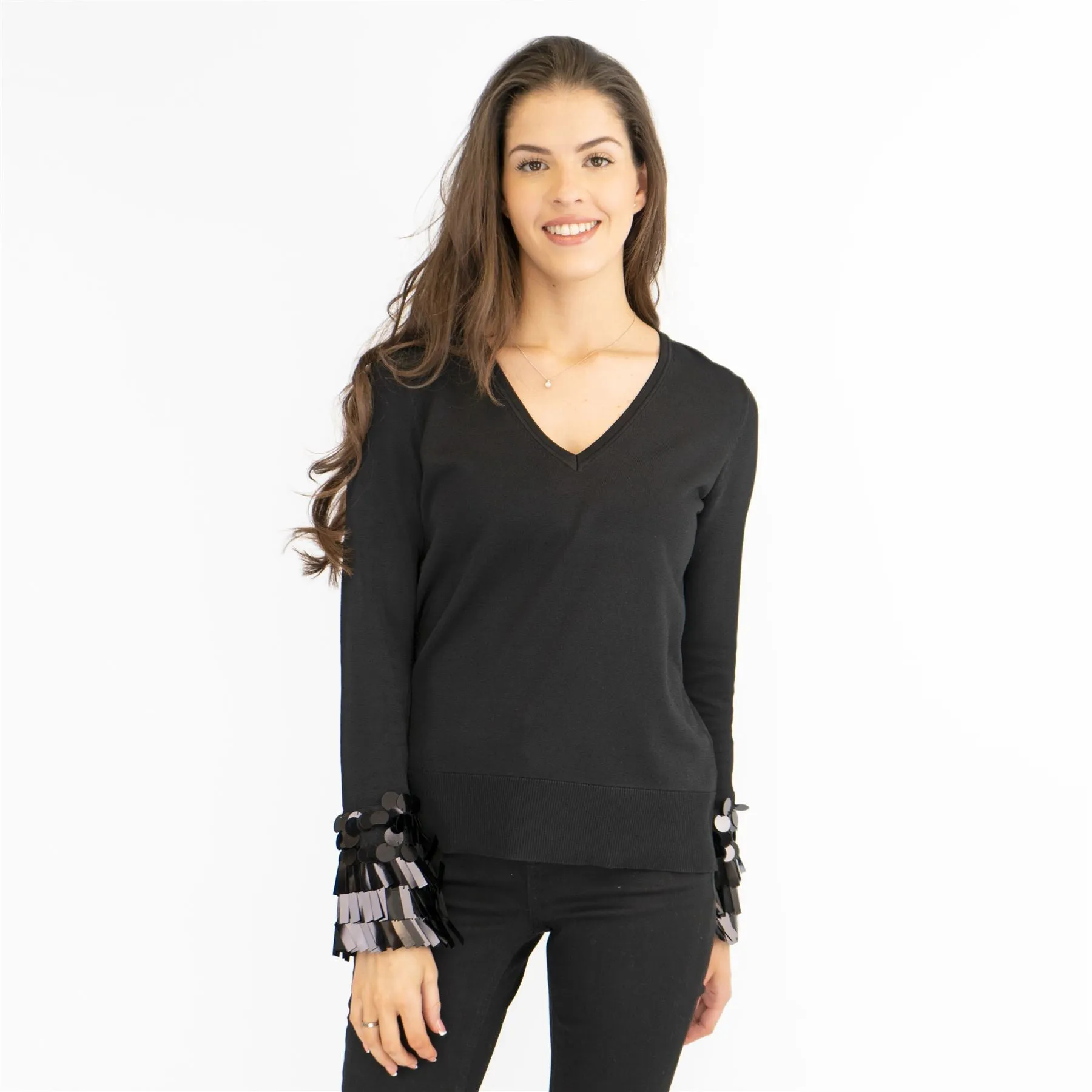 M&S V-Neck Embellished Cuff Long Sleeve Black Jumper