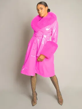 Patent Leather Coat w/ Fox Fur In Fuchsia