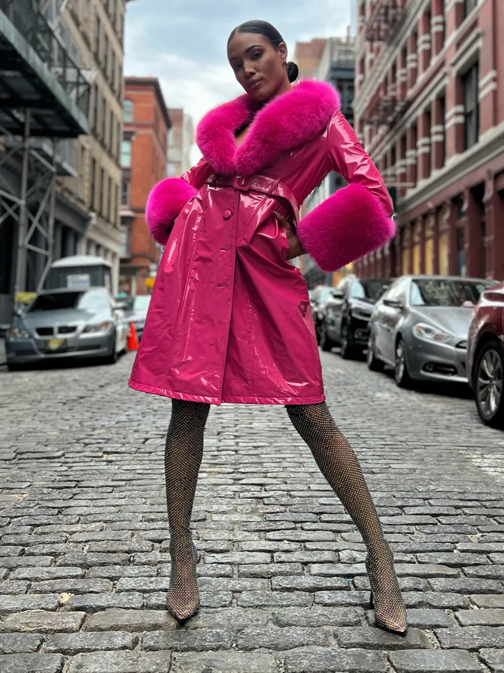 Patent Leather Coat w/ Fox Fur In Fuchsia