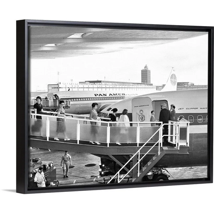 "1950's Men And Women Walking Down Ramp Boarding Commercial Jet Airliner" Black Float Frame Canvas Art