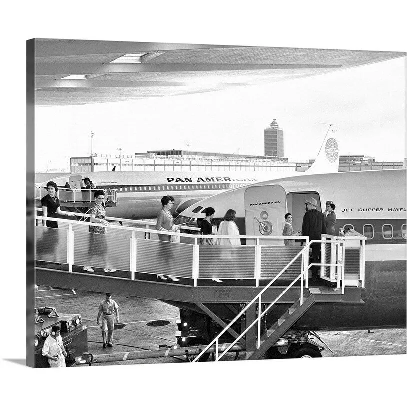 "1950's Men And Women Walking Down Ramp Boarding Commercial Jet Airliner" Canvas Wall Art