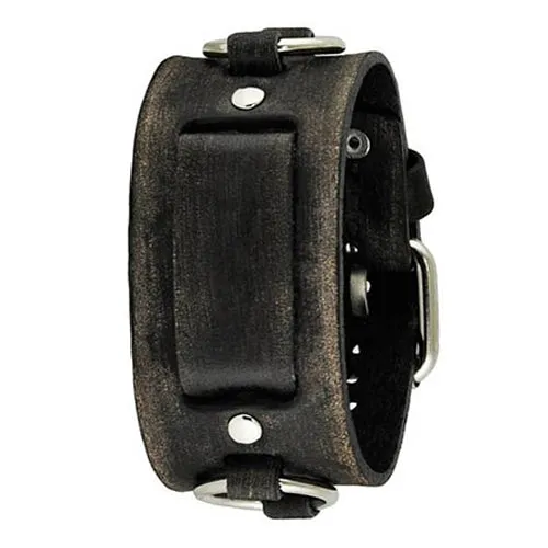 Ring Distressed Black Leather Cuff