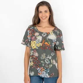 Seasalt Grey Floral Linen Blend Blouse Short Sleeve Tops