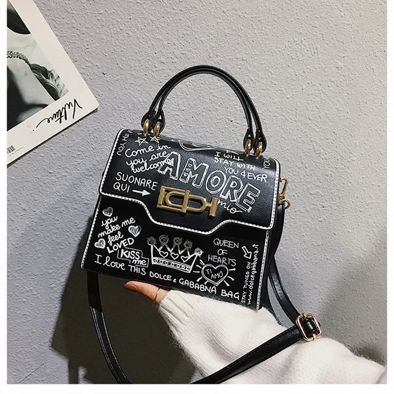 Unisex Leather Mini Chain Graffiti Bags