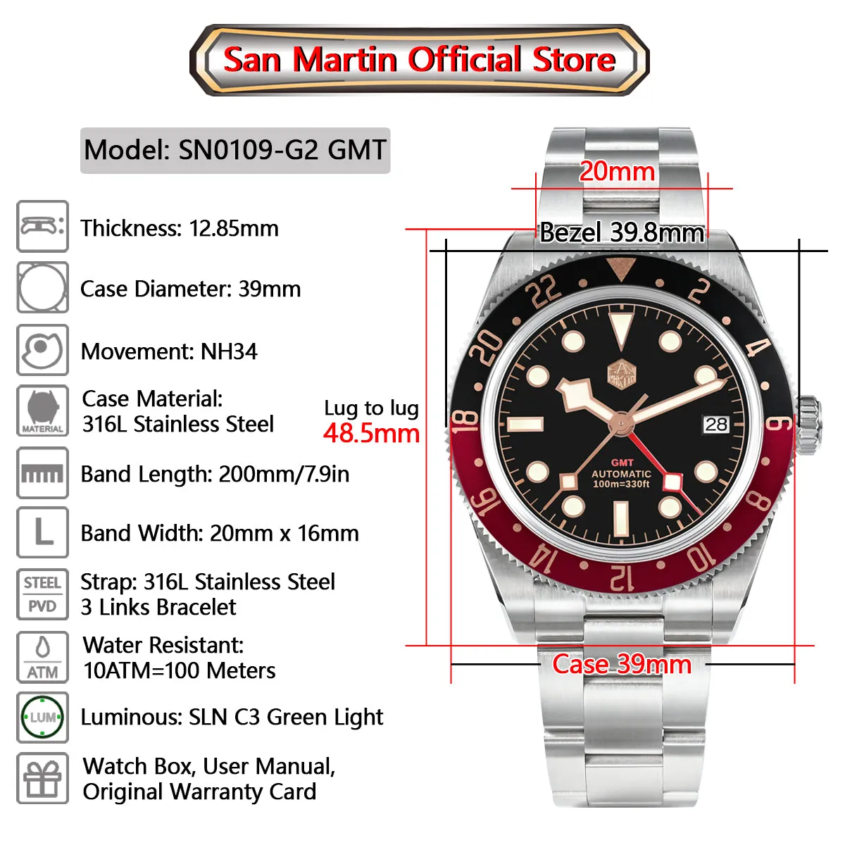 ★Weekly Deals★San Martin NH34 BB58 GMT Watch SN0109 V2